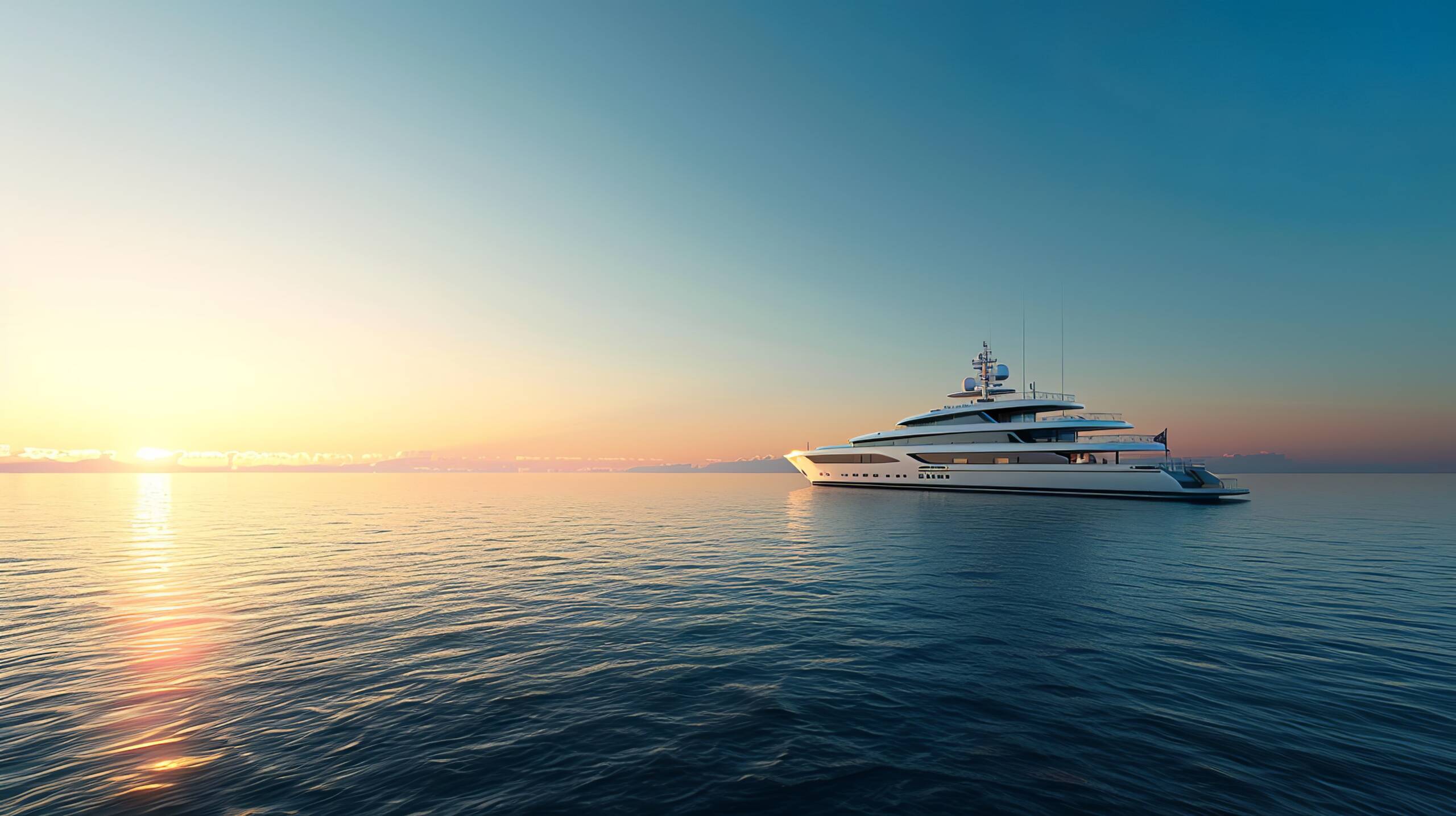 a luxury yacht in the distance in blue ocean with clear blue sky, fantasy art, sunrise in background